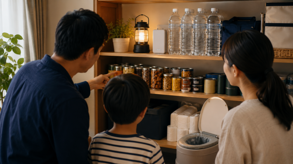 停電・断水に備え水・ライト・電源・携帯トイレを用意した家庭のイメージ