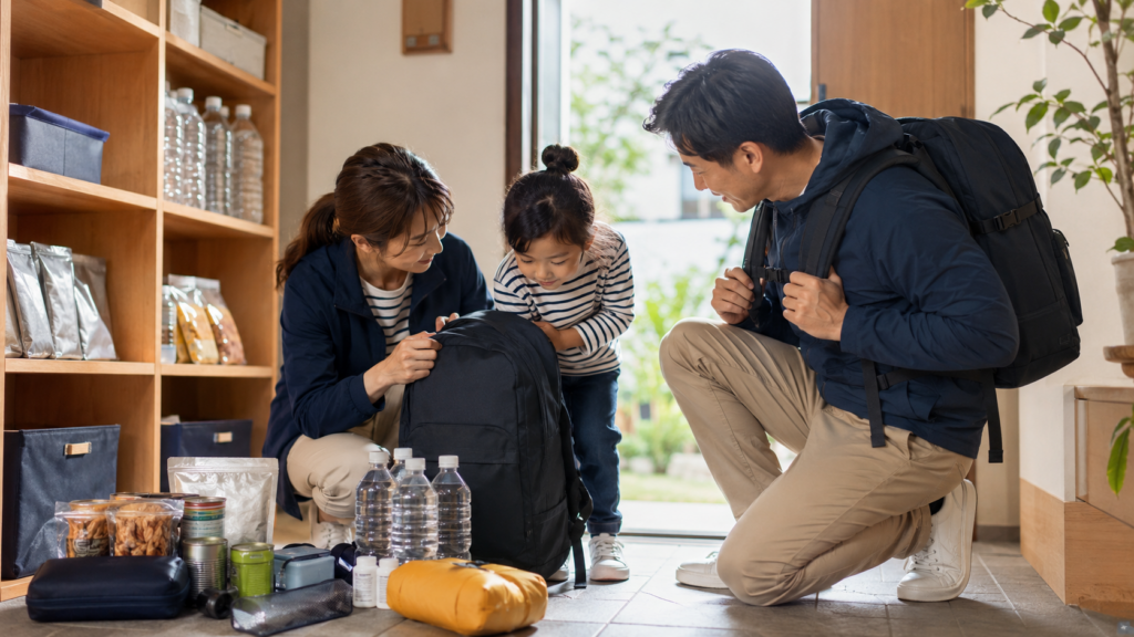 玄関で防災リュックの中身と重さを家族で確認するイメージ