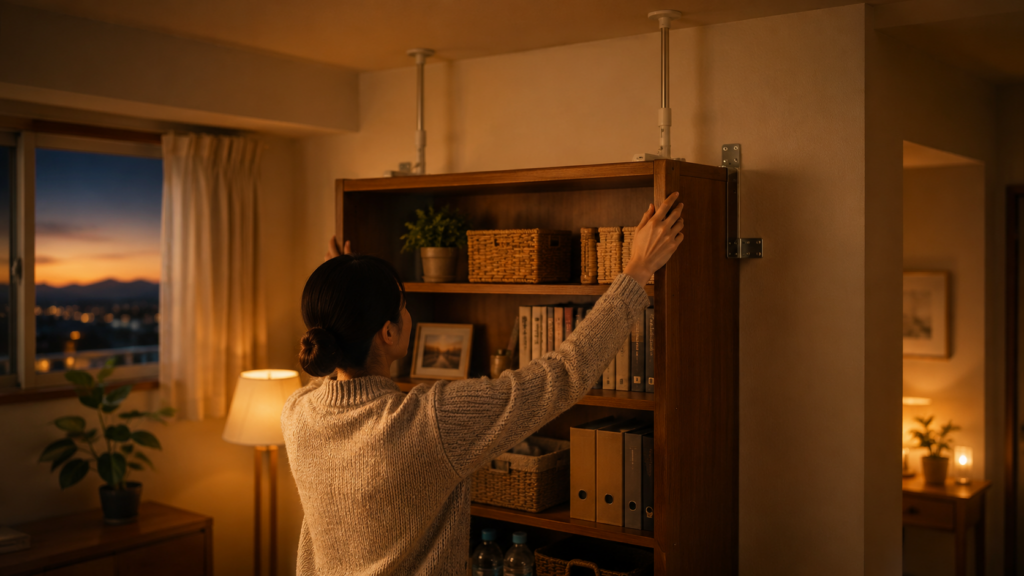 背の高い家具を壁に固定するなど室内の安全対策をする家庭のイメージ

