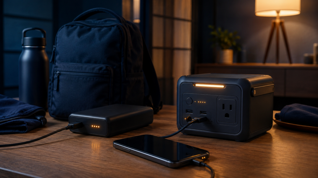 日常的に充電して使うモバイルバッテリーとポータブル電源で電源を確保するイメージ