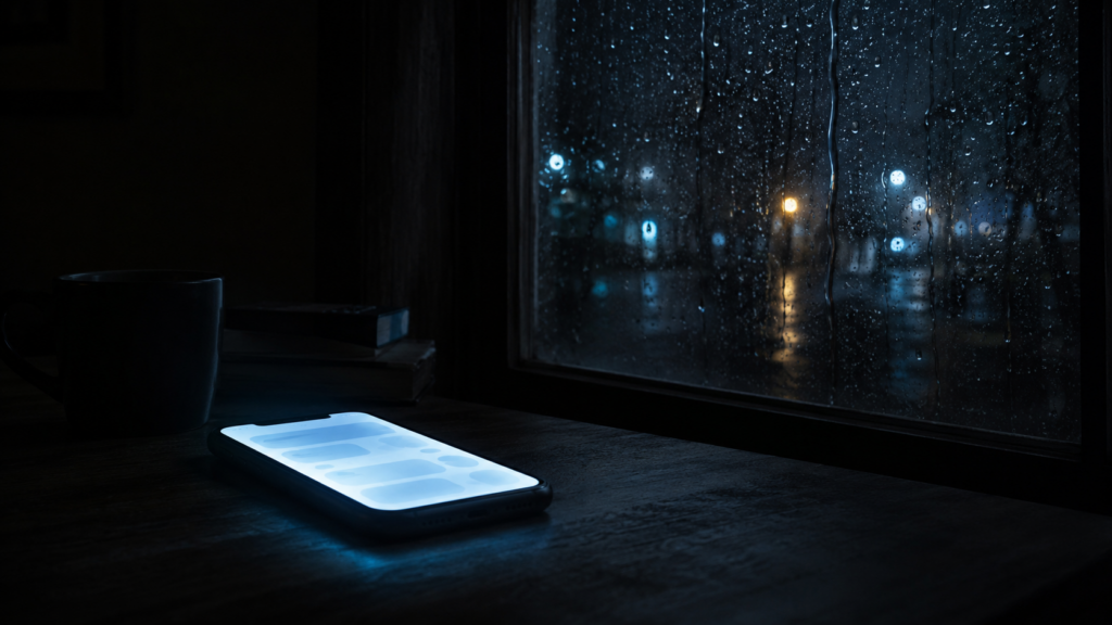 豪雨の夜、暗い室内でスマートフォンの画面だけが光っているイメージ
