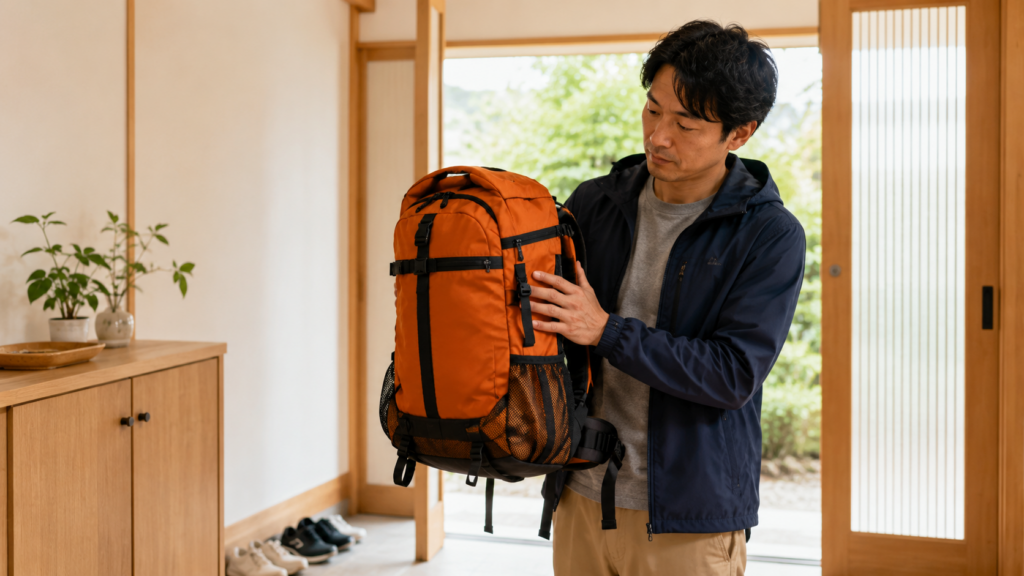 防災リュックを手に取り重さを確認する父親のイメージ