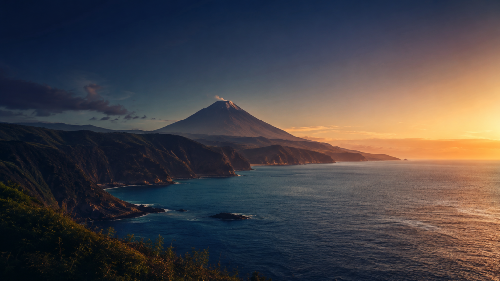 海辺にそびえる火山の遠景を朝の光で捉えたイメージ