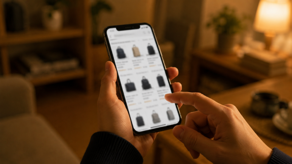 スマートフォンで防災グッズを検索する手元のイメージ