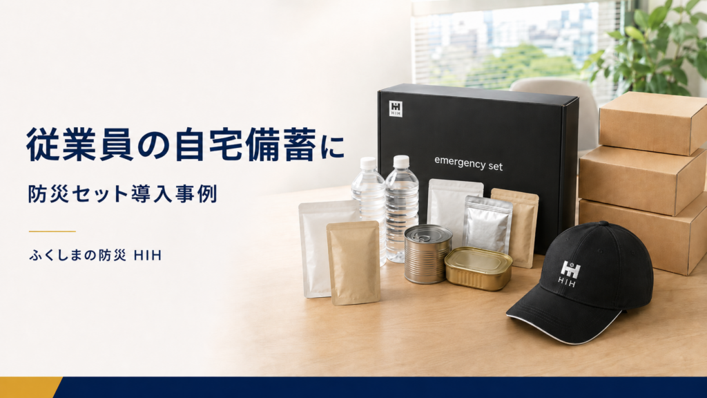 従業員の自宅備蓄用防災セット導入事例を紹介するHIHエマージェンシーBOXと保存水・保存食・CAPの画像
