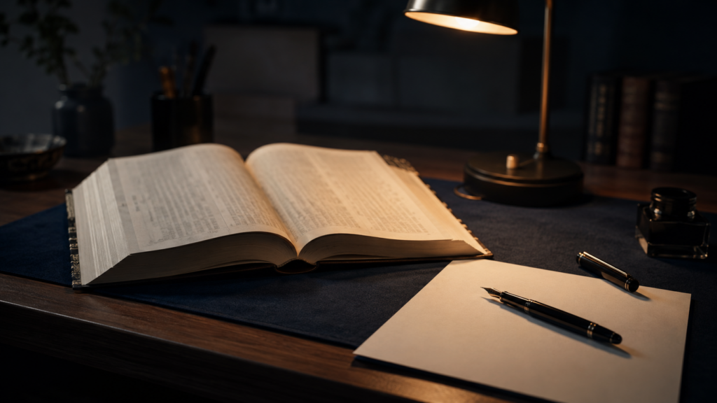古典書とメモ帳が柔らかい光に照らされた静かな机の上のイメージ