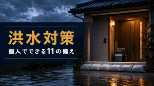 玄関ドア前に水のうを並べた洪水対策の備えのイメージ