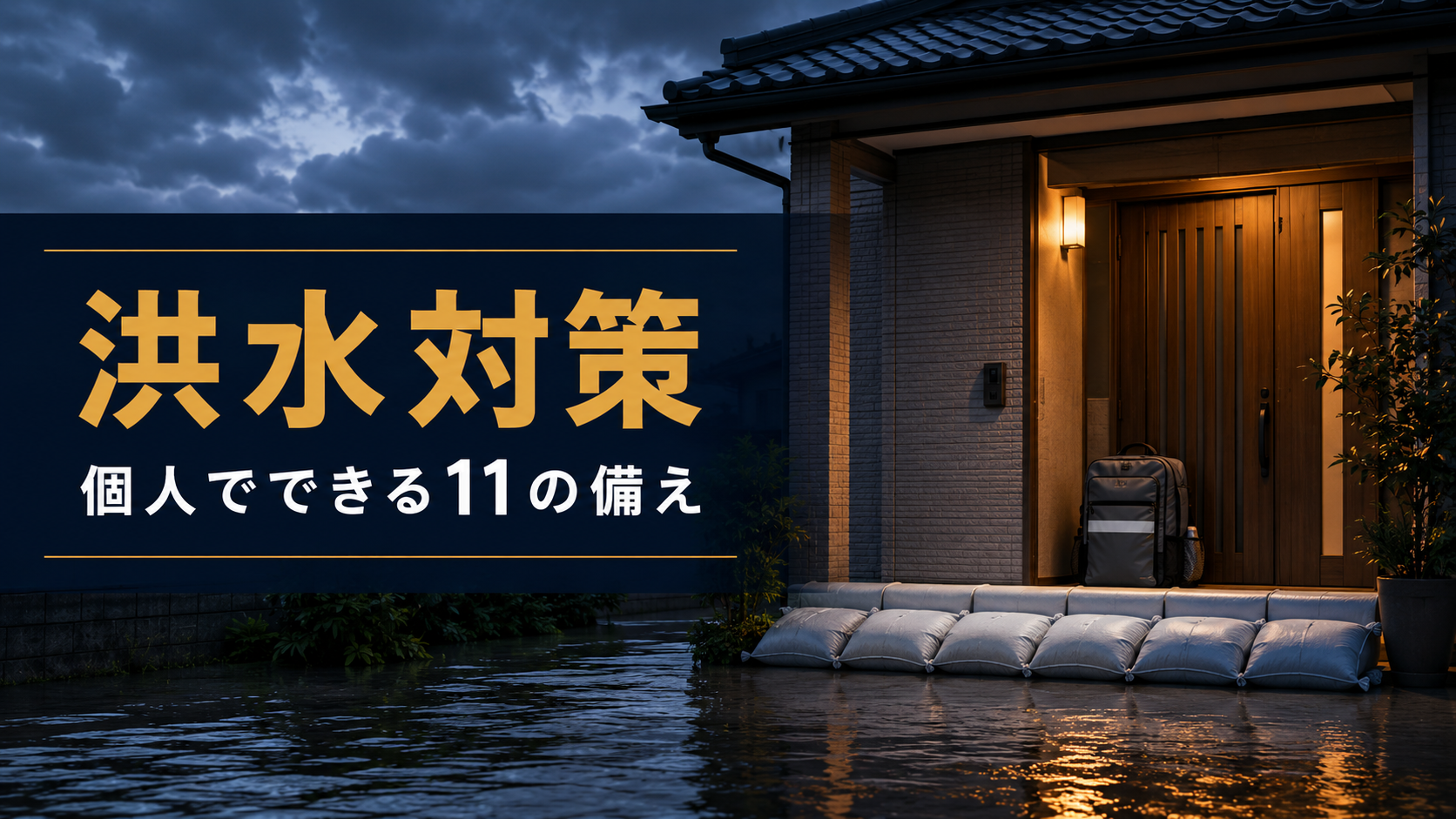 玄関ドア前に水のうを並べた洪水対策の備えのイメージ