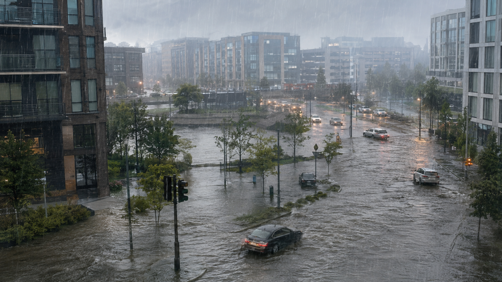 現代の都市部で豪雨により道路が冠水する様子