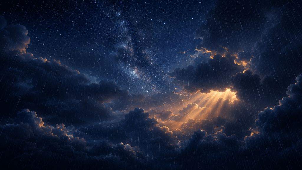 七夕の夜に発生した集中豪雨を象徴する、雨雲と降りしきる雨のイメージ