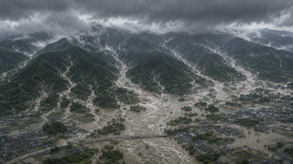 梅雨前線による豪雨で山地から河川へ大量の雨水が流れ込む様子