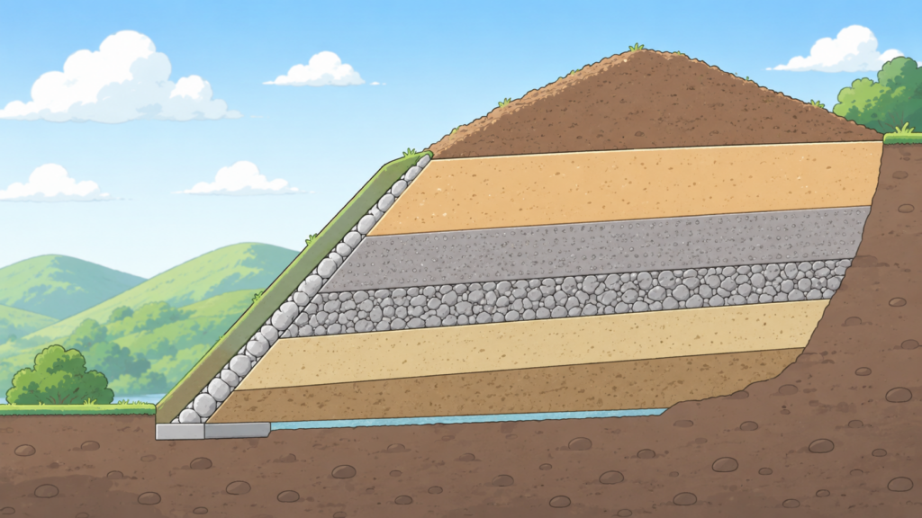 斜面の上の盛土を断面図で示した教育的イラスト