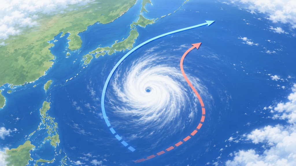 エルニーニョ現象発生時の台風進路変化を示す模式図イラスト