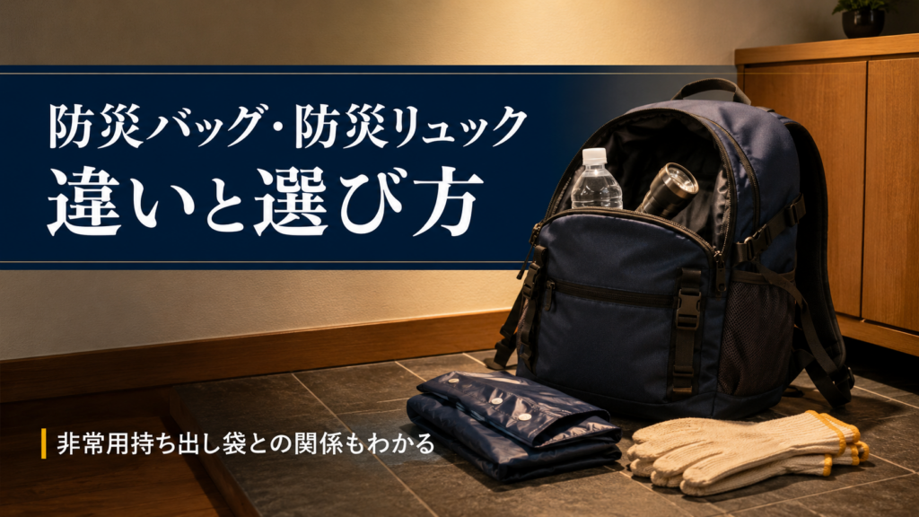 玄関に置かれた防災リュックと中の防災グッズが見えているイメージ