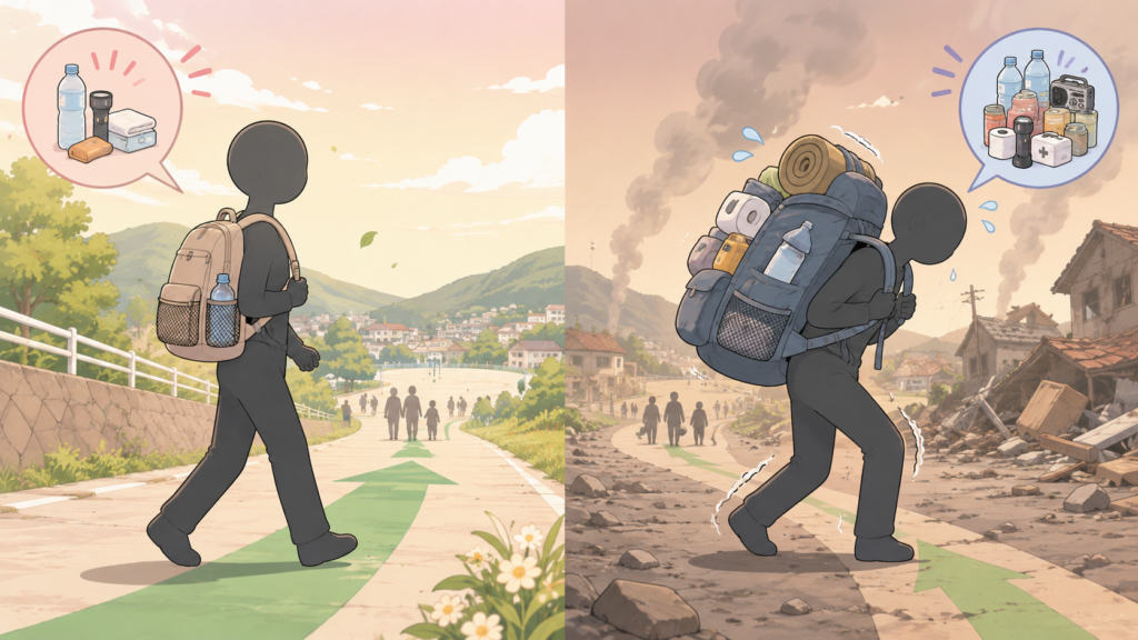 防災リュックの重さと持ち出しやすさを比較したイラスト