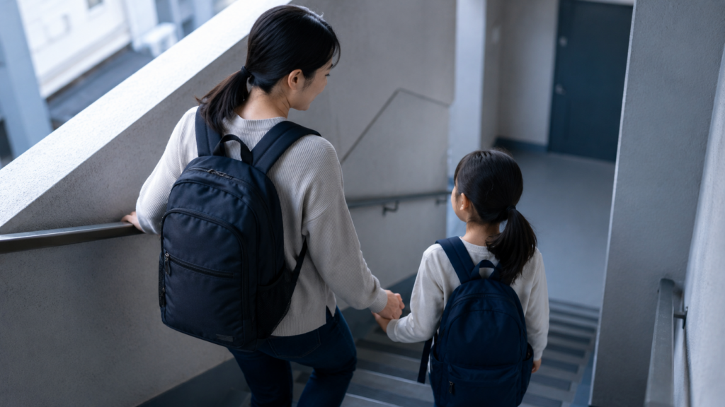 防災リュックを背負い子どもの手を引いて階段を降りる母親のイメージ