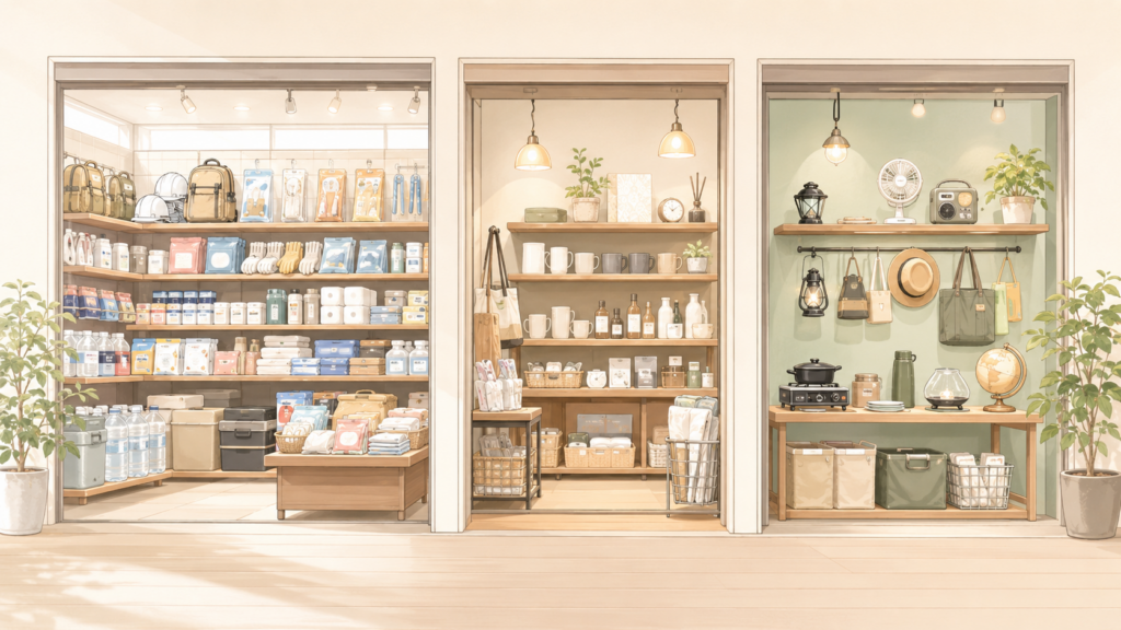 100円ショップ各店の品揃えの違いを表したイラスト