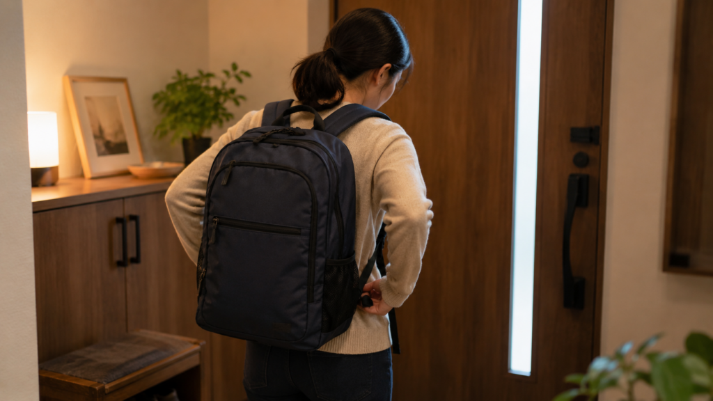 防災リュックを背負って持ち出しやすさを確認する女性の後ろ姿イメージ
