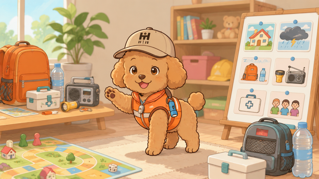 そなぷーが防災ゲームについて説明するイラスト