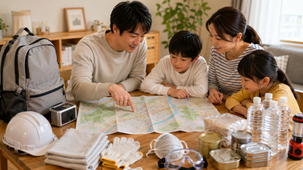 家族でハザードマップと防災用品を確認する温かい室内のイメージ