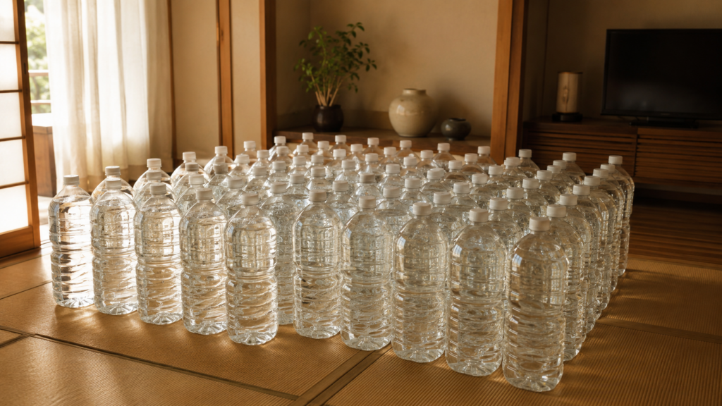 家庭のリビングに整然と並んだ備蓄用ペットボトルの水のイメージ