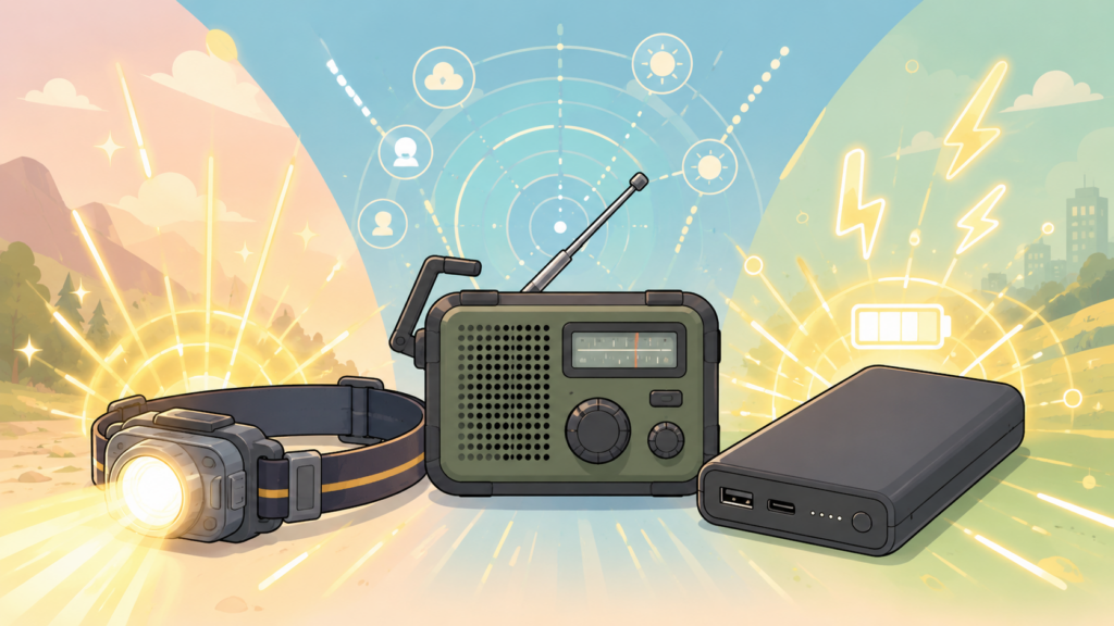 停電時に役立つライト・ラジオ・モバイルバッテリーのイラスト