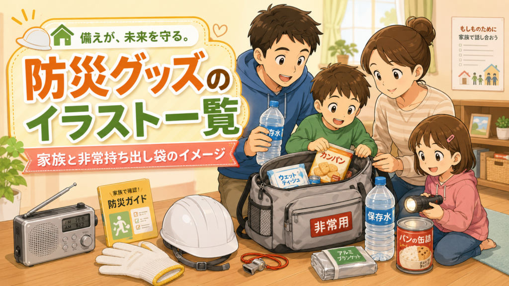 防災グッズのイラスト一覧｜家族と非常持ち出し袋のイメージ