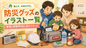 防災グッズのイラスト一覧｜家族と非常持ち出し袋のイメージ