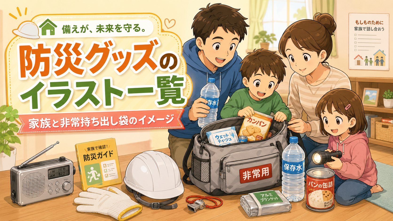 防災グッズのイラスト一覧｜家族と非常持ち出し袋のイメージ