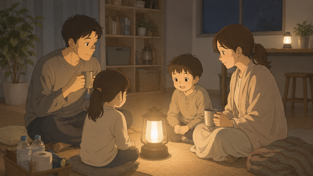 停電時に灯りが心の余裕を生むことを表したイラスト