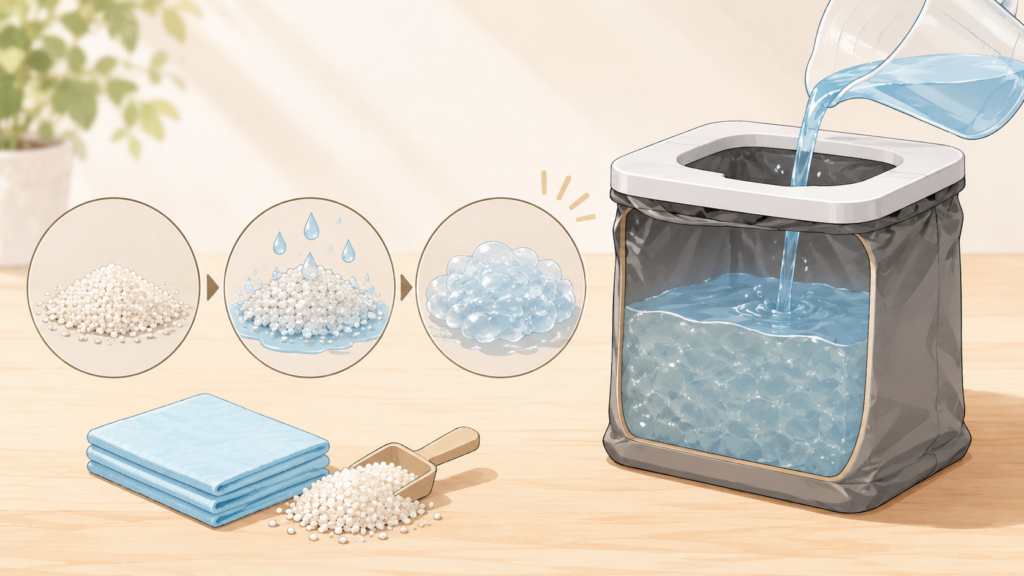 凝固剤が水分を吸収する仕組みを示した理科的なイラスト