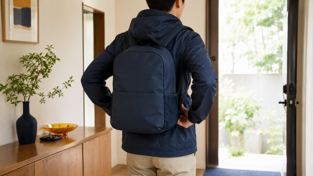 防災リュックを背負って背負える重さかを確認する後ろ姿のイメージ