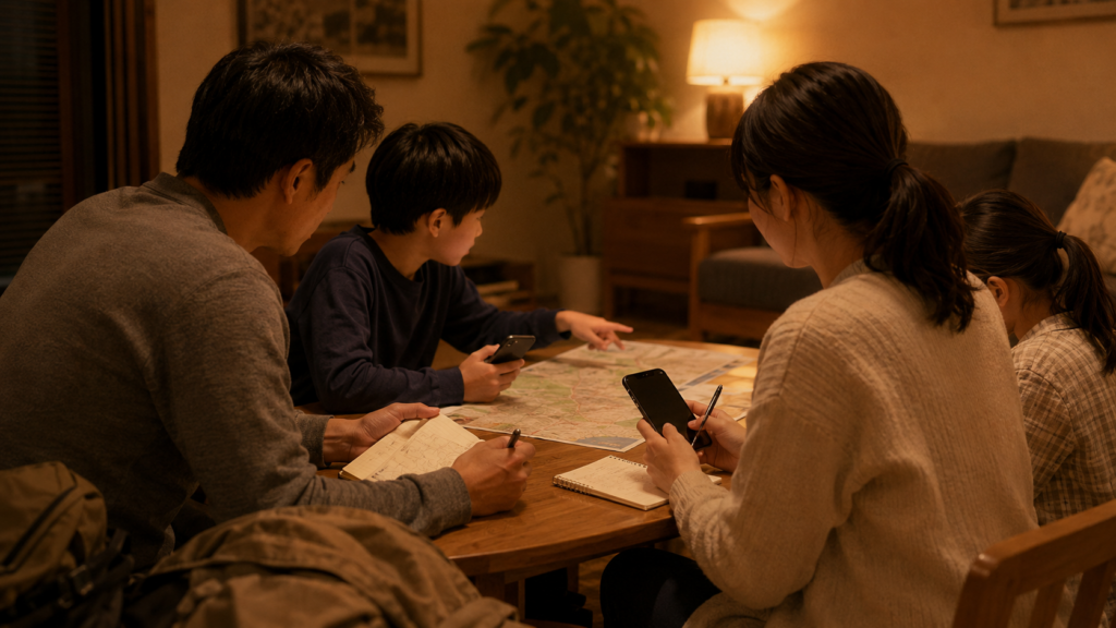 家族で集合場所と連絡方法を話し合う様子を表したイメージ