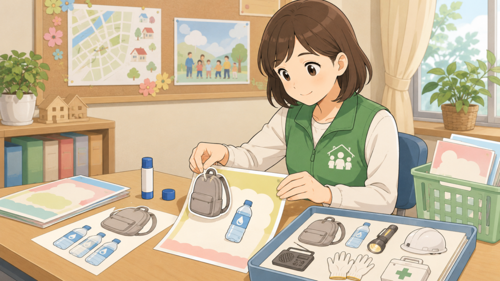 防災グッズのイラストを自治会資料に活用するイメージ
