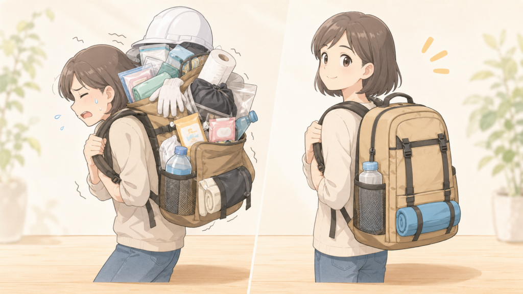 100均グッズの詰め込みすぎを戒める対比イラスト