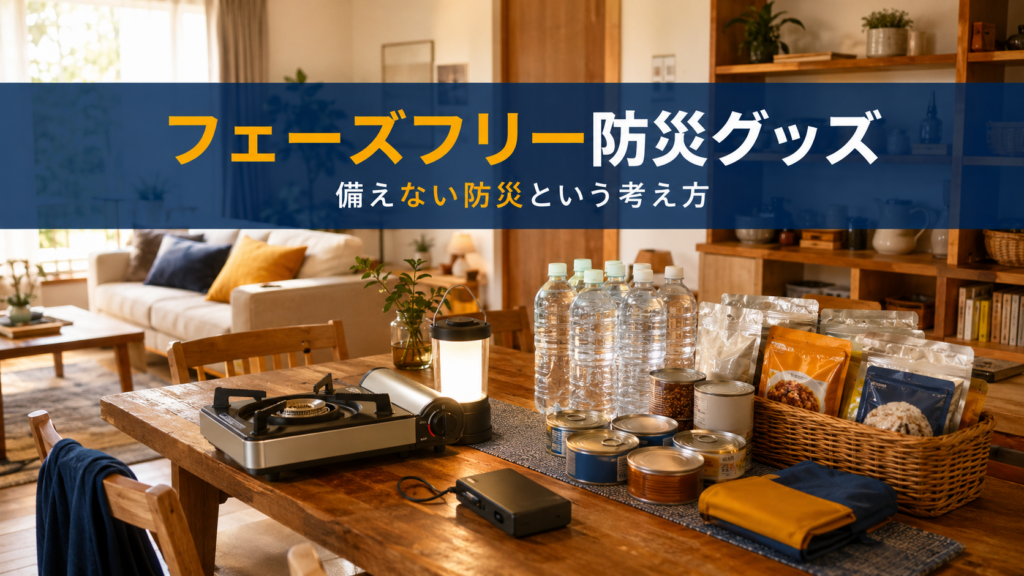 日常で使うカセットコンロやランタン・備蓄食品が家庭に並んだフェーズフリー防災グッズのイメージ