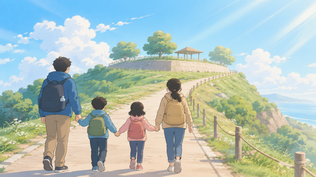 家族が高台へ避難する様子を描いたイラスト