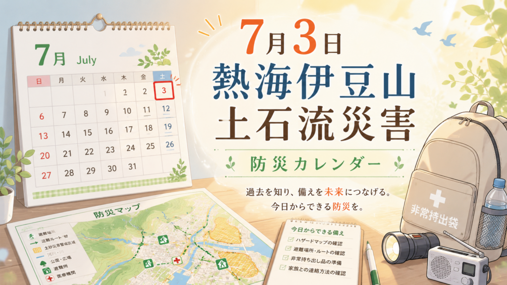 7月3日の熱海伊豆山土石流災害を振り返る防災カレンダーのイラスト