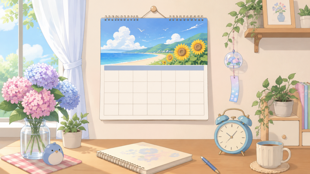 7月12日のカレンダーと時計を描いた防災カレンダーのイラスト