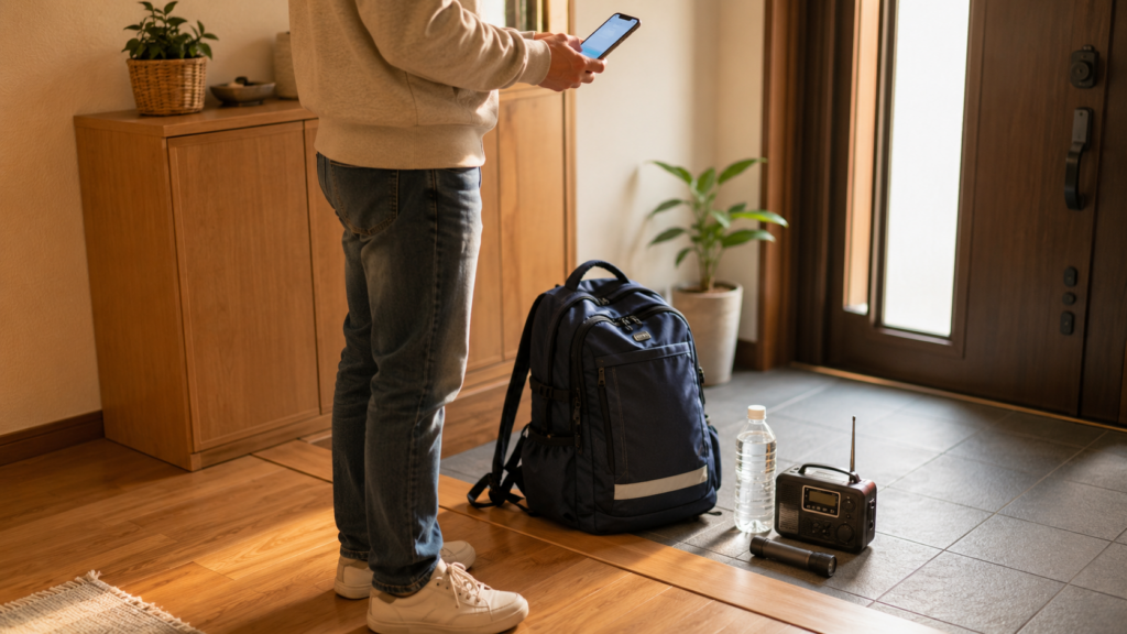 玄関に防災リュックと携帯ラジオを準備し、スマートフォンで情報確認する
人物の足元イメージ