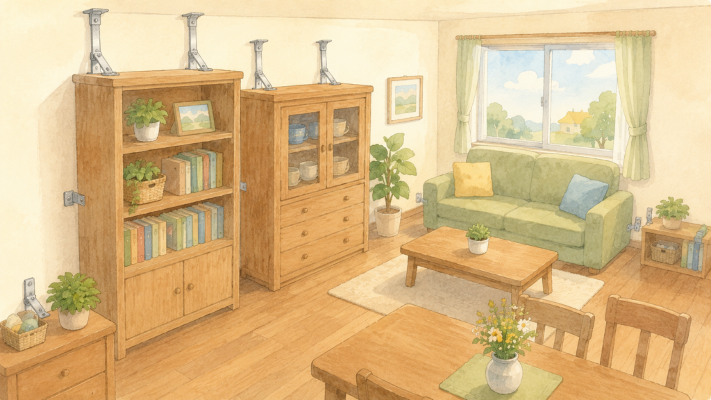 家具を固定して命を守る室内安全対策のイラスト