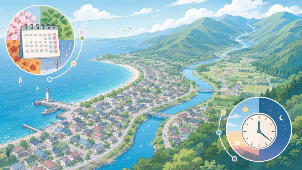 海辺の町と川を見下ろす穏やかな俯瞰イラスト