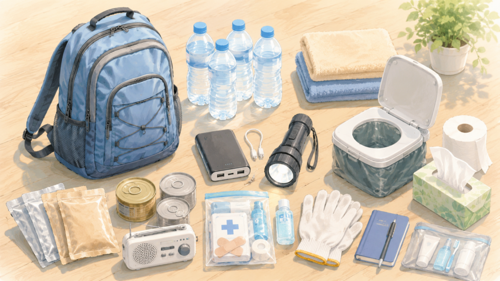 家庭で備えたい防災グッズを並べたイラスト