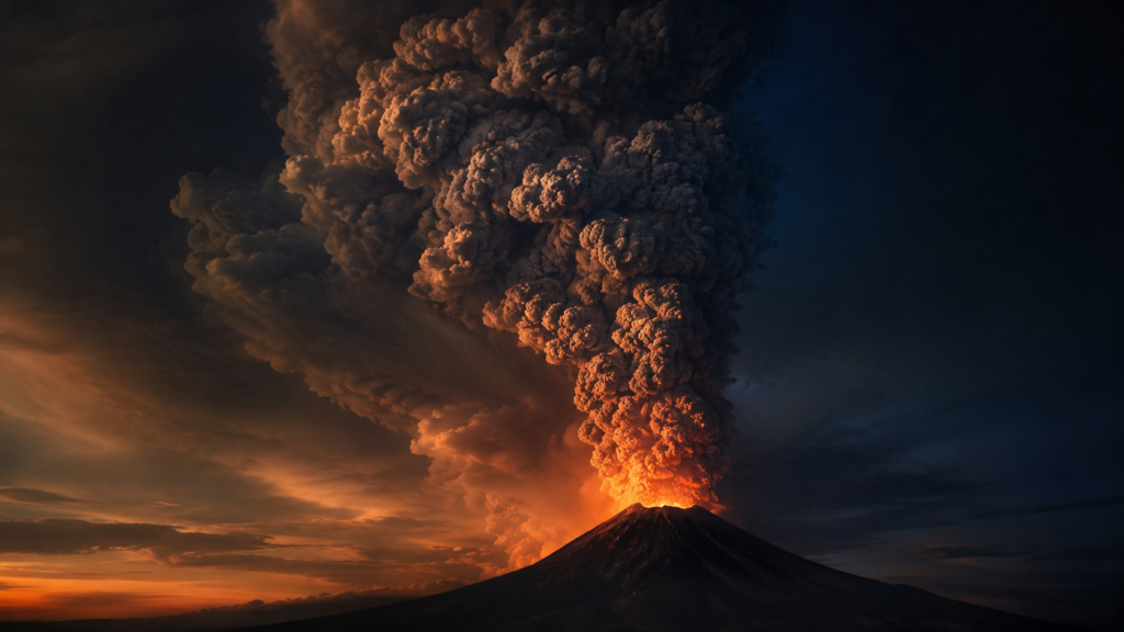 火山から高く立ちのぼる巨大な噴煙の柱を捉えたイメージ