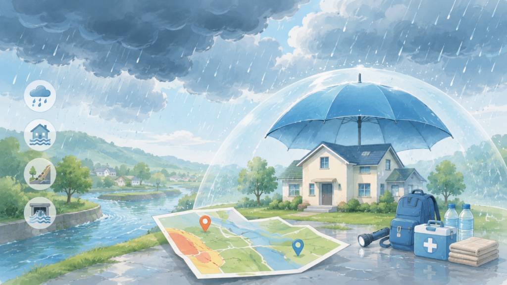 梅雨や豪雨への警戒を表した防災のイラスト