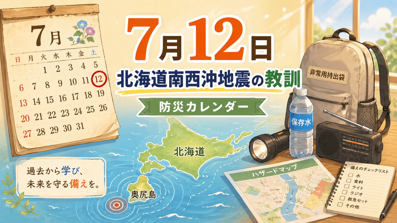 7月12日の北海道南西沖地震を振り返り、防災リュックやハザードマップで備えを見直す防災カレンダーのイラスト