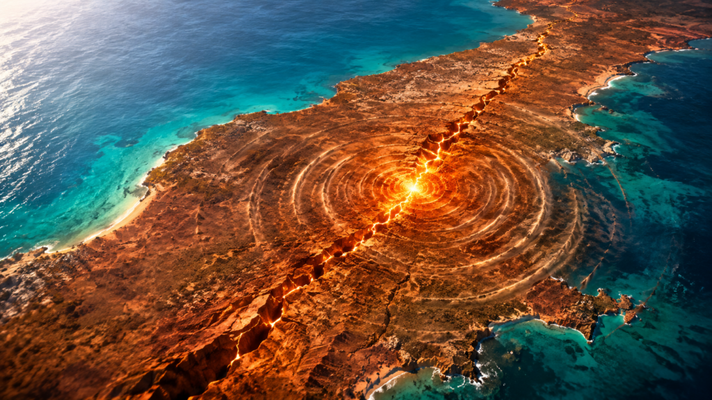 カリブ海の半島で断層のずれから大地の波紋が広がる地震発生のイメージ