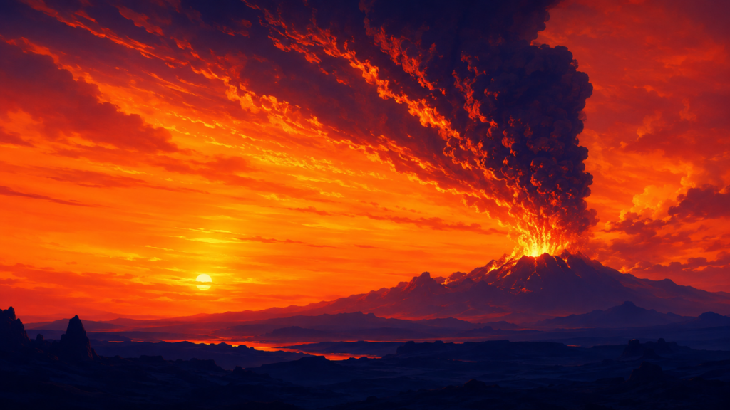 山から噴煙が立ち上る様子をイメージした夕焼けのイラスト
