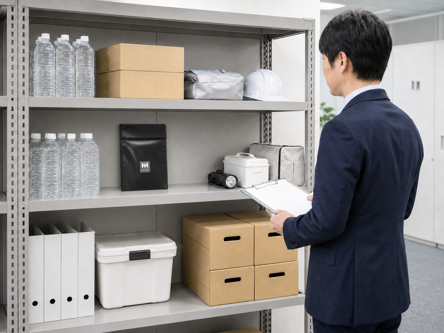 オフィスの備蓄を管理しながら耐火収納バッグを保管する様子