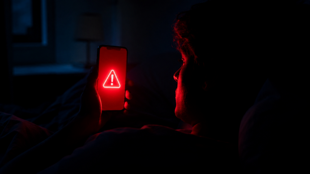 夜間にスマートフォンの警戒通知が光っている様子のイメージ